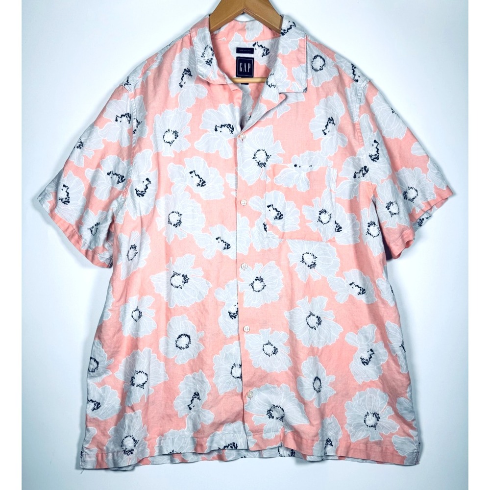 Gap Mens XL Coral Floral Print Camp Shirt Hawaiian Short Sleeve Lightweight